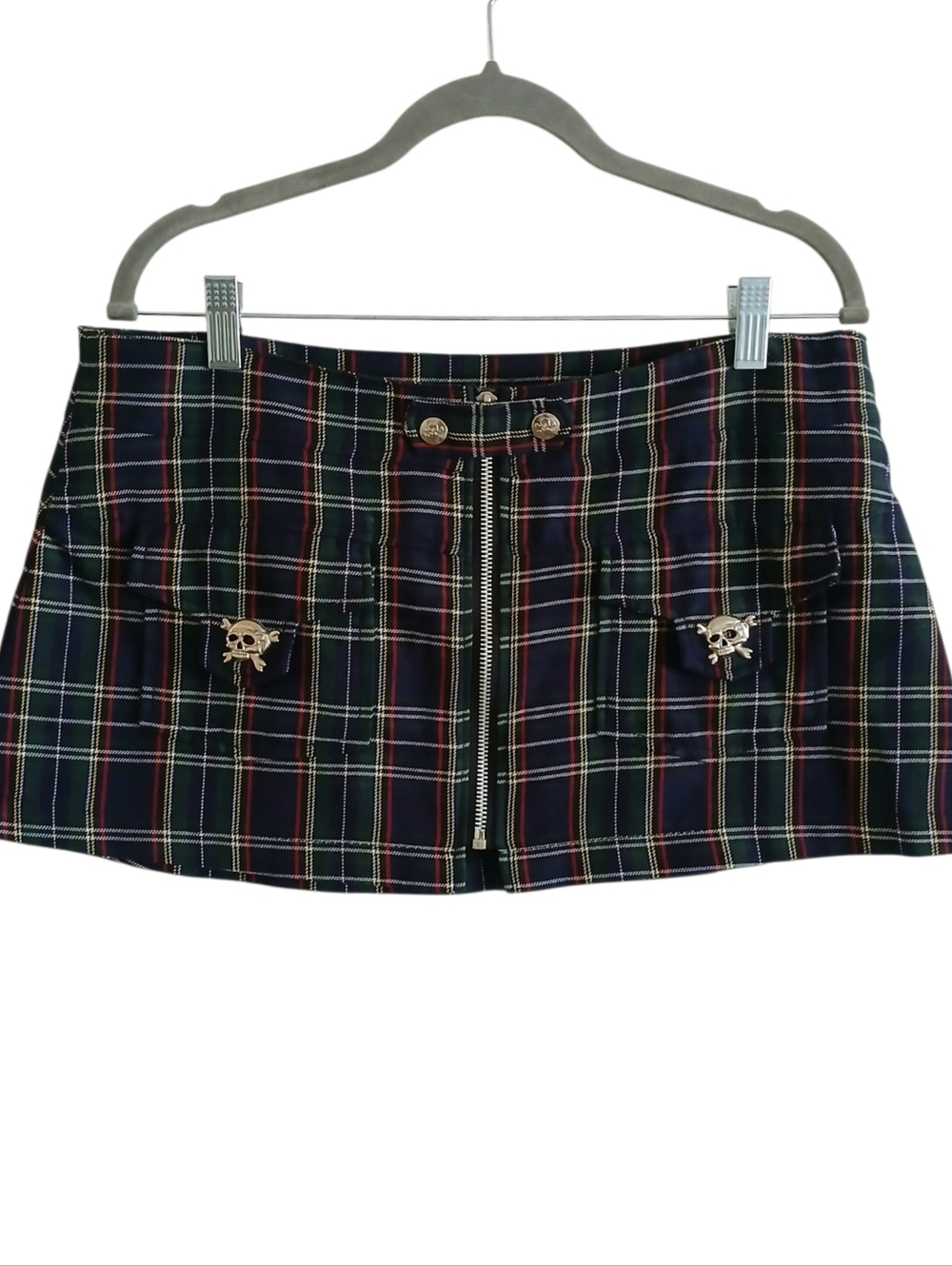 TRIPP NYC Skull Plaid Micro Mini Skirt Women's M Low Rise Y2K Front Zip Punk